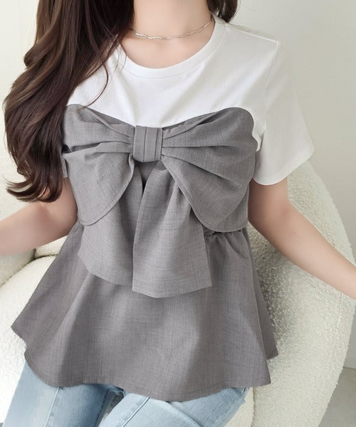 【mily bilet】一枚でサマになる。 フロントリボン布帛コンビ半袖Tシャツ mi1269018