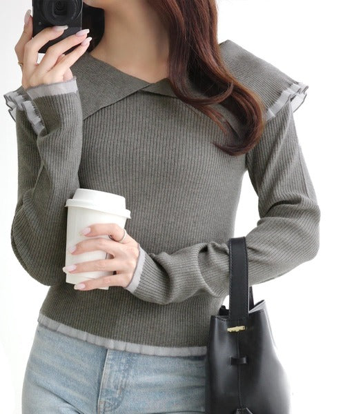 【mily bilet】着るだけでこなれ感。オーガンジーフリル襟リブニット mi1029149