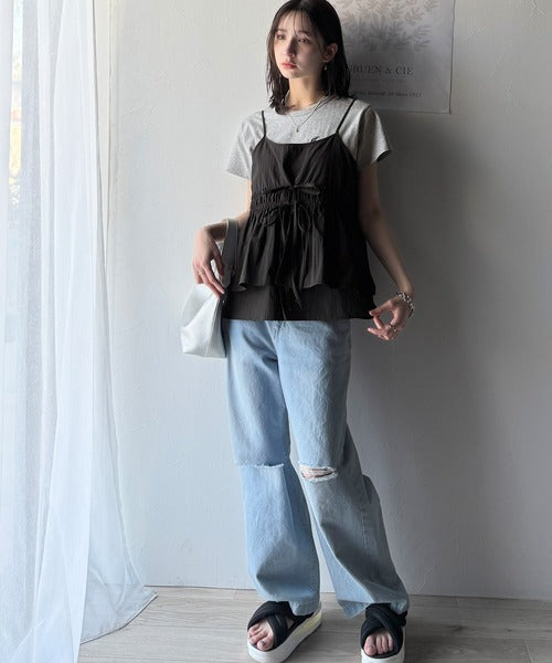 旬のレイヤードスタイルがこれ一着で即完成。ダブルリボン使いキャミ＆ムーン刺繍半袖Tシャツセット ce1265004