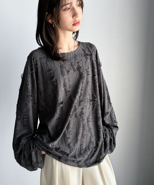 グランジを楽しむ旬スタイル。ダメージ加工ビッグシルエットジャカードカットソーTシャツ（長袖） cm1010420