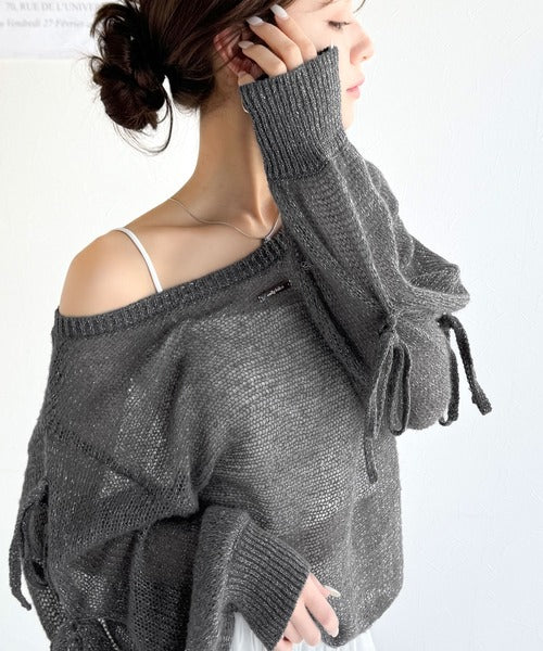 【mily bilet】大人のきらめき。プレートデザイン透かし編み袖リボンラメニット(ワンオフショル2way) mi1259009