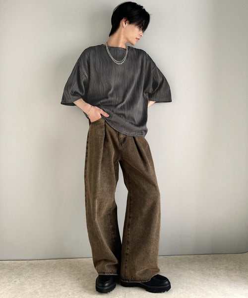 涼しくキマる、大人のリラックス。オーバーサイズウェーブ柄ジャガード半袖Ｔシャツ（メンズ） cm1010429