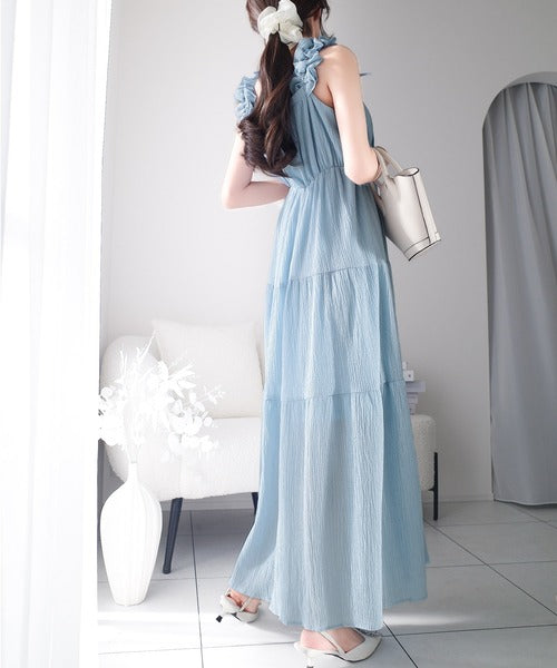 【mily bilet】甘くて軽やか。フリルショルダーAラインティアードキャミワンピース(ロング) mi1019066