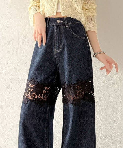 【mily bilet】特別な個性を持つオンリーワンの仕上がり！花柄レースワイドデニムパンツ mi1139076