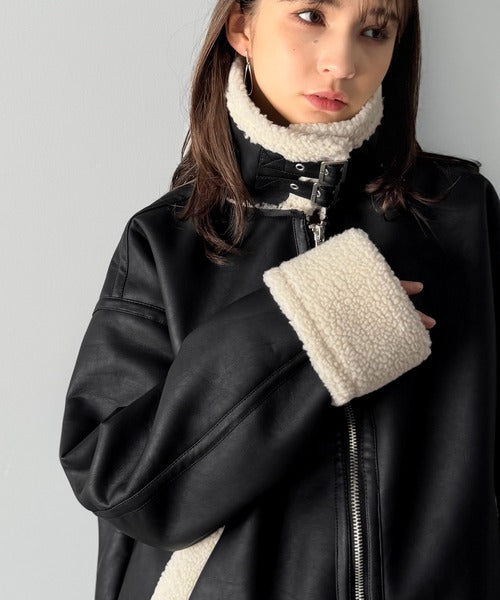 【Classical Origin】「ずっしりかっこいい。」2way襟ボア切り替えフェイクレザージャケット／2way Boa Collar Faux Leather Jacket co1150081