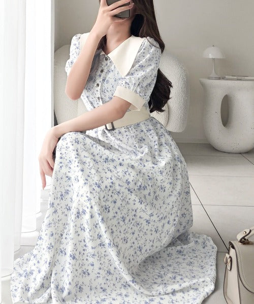 【mily bilet】トレンドのレトロガーリー♪小花柄ベルト付きビッグカラーワンピース(ロング丈) mi1139044