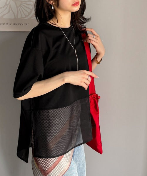 春夏に涼しさ引き立てる透け感が◎裾シアー切り替えライトダンボール半袖Tシャツ ce1110116