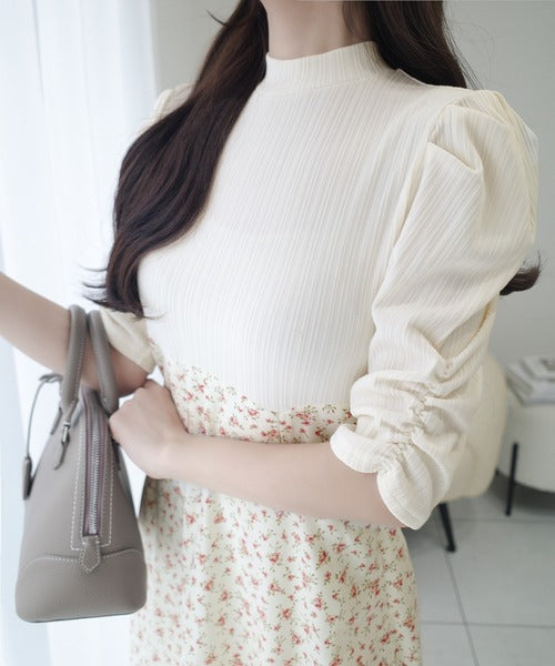 【mily bilet】一枚で主役級フェミニンスタイル。後ろシアーリボン花柄ドッキング袖ギャザーワンピース（ロング丈） mi1139073