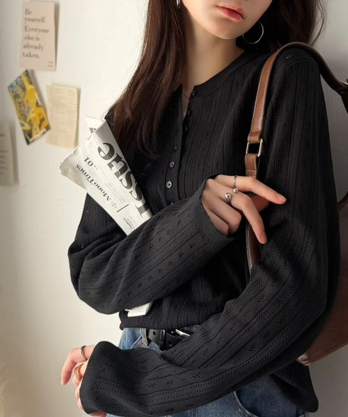 透かし柄にひと目惚れ♪大人フェミニン、アイレット柄ヘンリーネックニット (長袖) ce1020405