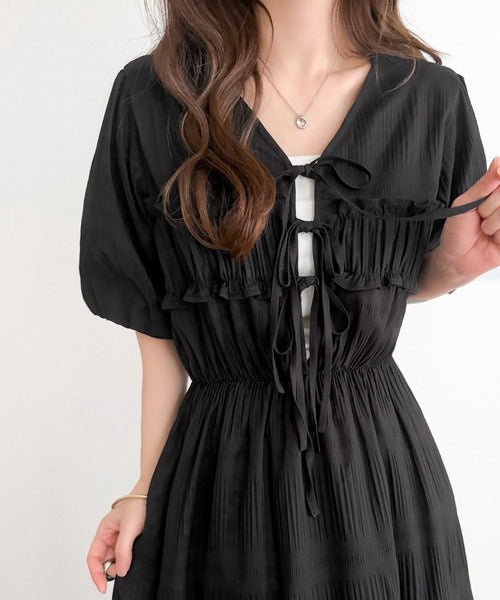 【mily bilet】1枚で華やぐ♪揺れ感シアーフリルリボンプリーツロングワンピース mi1019134