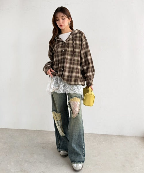 大人のきれいめカジュアル、体型も美しくカバー。裾レースカットソードッキングTシャツ（長袖） ce1020364