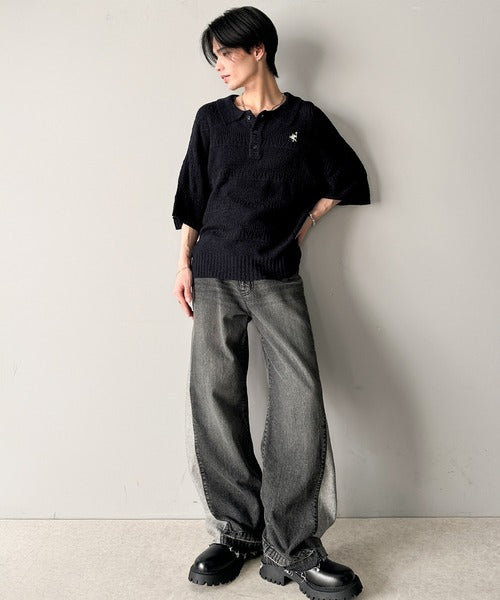 一枚で大人のラフスタイルが決まる。ワンポイント刺繍ブークレポロニットトップス(半袖) cm1260392