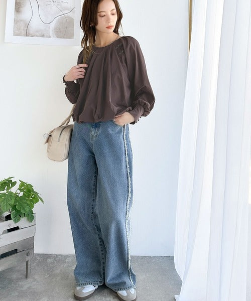 チャイナボタンが旬を先取り♪前後2wayリボン使いタックブラウス（長袖） ce1010379