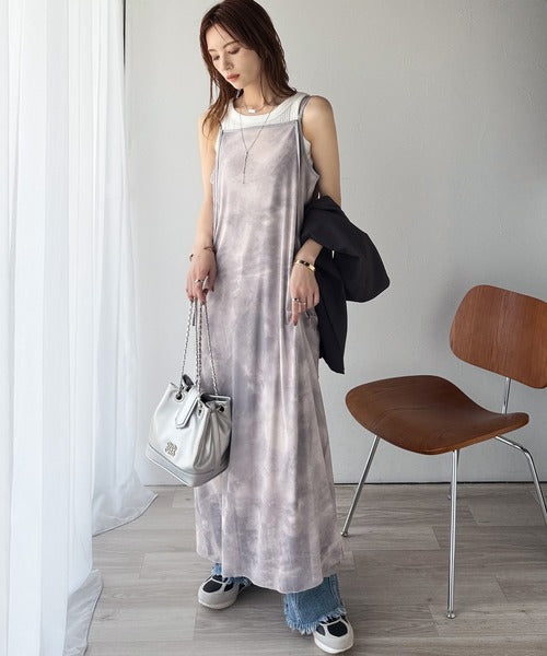 そよ風シフォン♪ふわり柔らかシルエットで“涼”を着回す。前後2wayチュールレイヤードロングキャミワンピース（ブラック＆マーブル柄） ce1240090