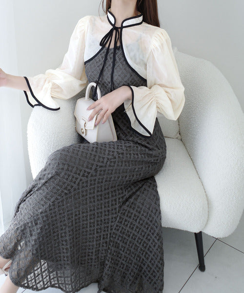 【mily bilet】トレンドをかわいく楽しんで♪パイピング配色シアーボレロセットアップ花柄レースキャミワンピース mi1139083