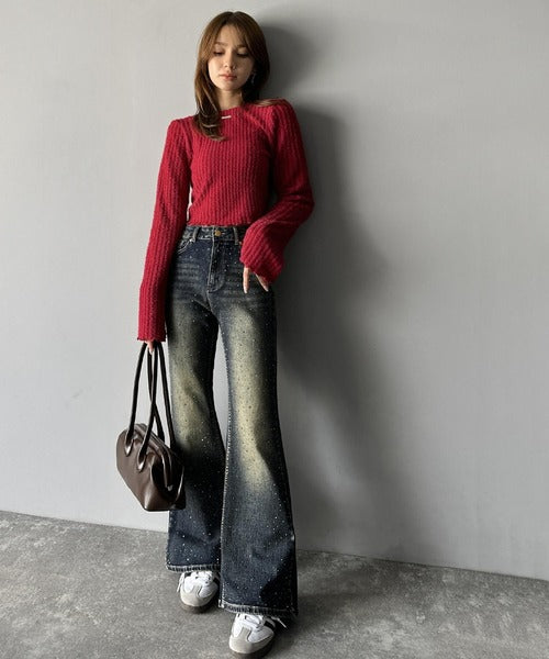 【mily bilet】動くたび、キラキラ輝くビジューストーンが主役。ヴィンテージライクフレアデニムパンツ mi0909012