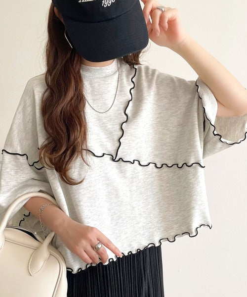 Tシャツより可愛く、スウェットより軽やか♪5分袖メロウ切替裏毛トップス ce1020310