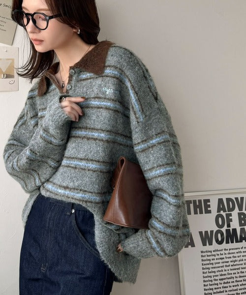 メンズライクに女子っぽさを。胸刺繍ブークレ配色ボーダーニットポロ（長袖） ce1240142