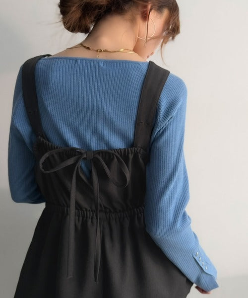 隠しながら、華やぐ。バックリボンベロアツイル ペプラムデザインドッキングサロペットパンツ ce1010668