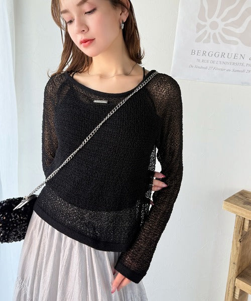 【mily bilet】大人かわいい肌見せを叶える。プレートデザイン前後2WAYメッシュ編み肩リボンニットプルオーバー（長袖） mi1259014