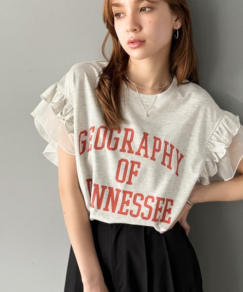 【mily bilet】可愛さふわり2倍増し！ ダブルフリル袖カレッジライクロゴゆるTシャツ mi1329036