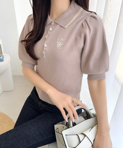 【mily bilet】配色×くすみカラーで魅せる、ずるい清楚さ。配色ラインポロニット (半袖) mi1359044