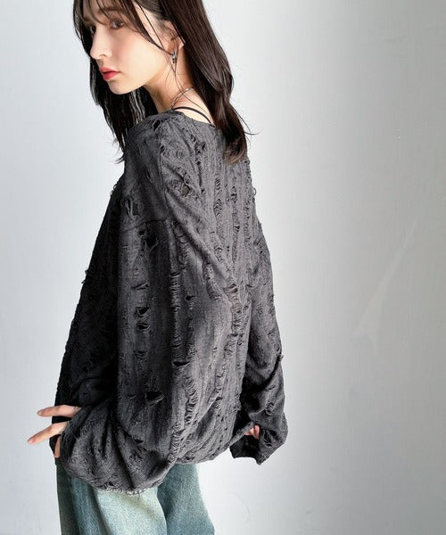 グランジを楽しむ旬スタイル。ダメージ加工ビッグシルエットジャカードカットソーTシャツ（長袖） cm1010420