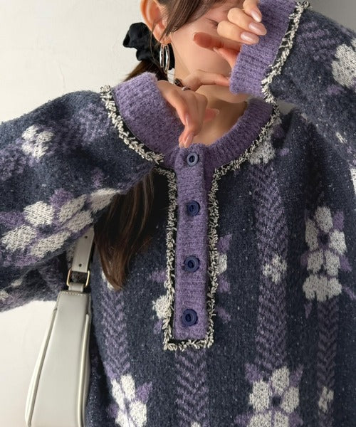 レトロな花柄に、ひと目惚れ。前後2WAY花柄ジャガードフリンジ使いヘンリーネックニットプルオーバー ce1020406
