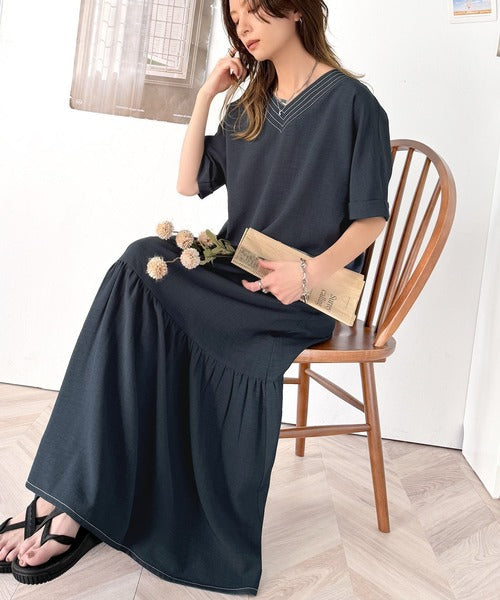 大人の抜け感。ステッチ使いVネックロングワンピース ce1260386