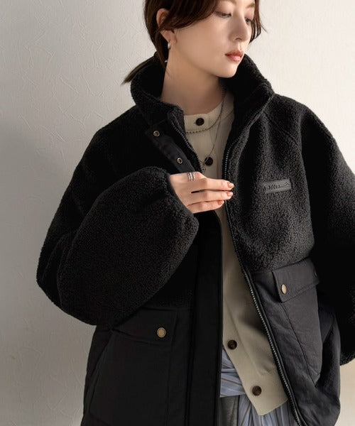 《JaVaジャバコラボ》暖かく包み込む、私のもこもこちゃん♪異素材MIXボア×ナイロン切替スタンドカラージャケット jv1240139