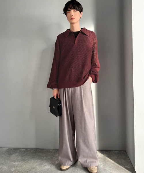 「透け感、モードの余韻。」衿ダブルライン使いレース柄ニットポロシャツ／Double-Line Collar Lace Pattern Knit Polo Shirt co1010049