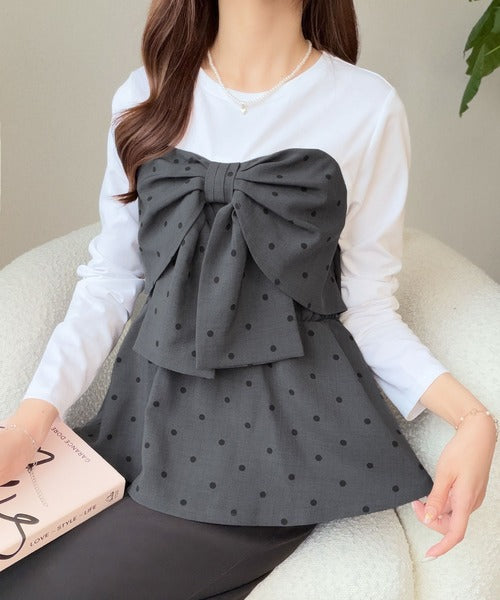【mily bilet】心ときめく、ビッグリボン♪フロントリボン ドッキング長袖Tシャツ mi1269019