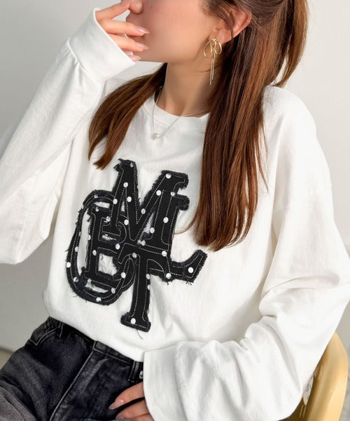 【mily bilet】"秋もこの子と一緒♪"ヴィンテージライクな存在感。ドットデニムフリンジワッペン使いロンT(長袖) mi1329133