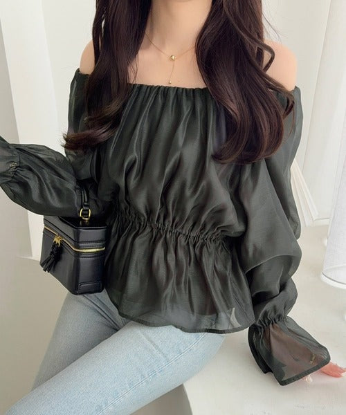 【mily bilet】シアー×ペプラムで、大人可愛く。キャンディスリーブシアーギャザーペプラムブラウス (長袖) (シアー) mi1019163