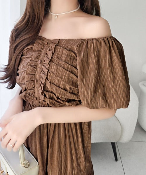 【mily bilet】甘さの中に、ほんのり大人っぽさを♪オフショル2wayギャザードッキングロングワンピース mi1019138
