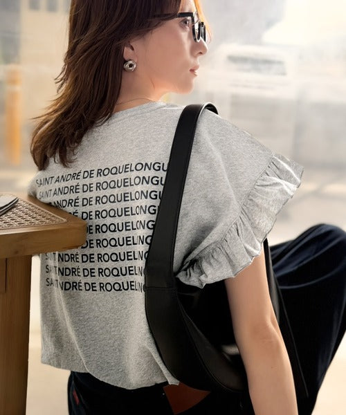 《JaVaジャバコラボ》着るだけで主役級。綿100％バック箔プリント袖フリルTシャツ（半袖） jv1330104