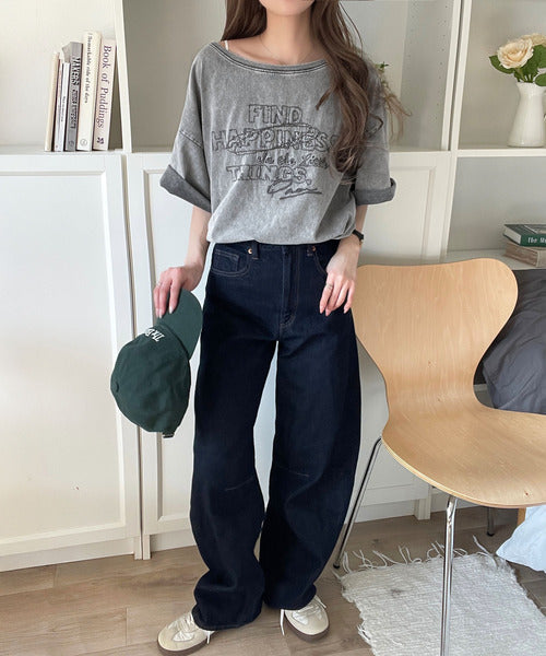 綿100%メンズライクヴィンテージウォッシュ☆前後2way刺繍ワイドネックTシャツ ce1260421