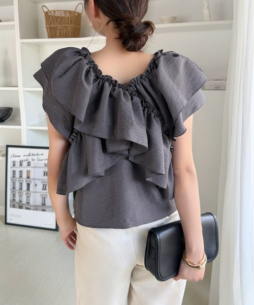 【mily bilet】ひらり、涼しげ。品ある甘さふわっと香る♪前後2wayノースリーブカシュクールブラウス mi1019151