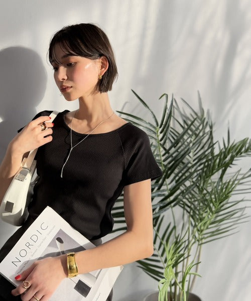 毎日にちょうどいい、きれいめRIB。ラグラン×リブで叶える、すっきり美シルエット！クルーネックラグランRIBトップス(半袖） ce1260618