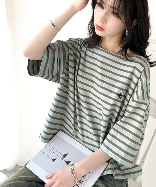 【sustaina+】ラフにキマる大人スタイル。オーガニックコットン100%オーバーサイズパネルボーダーTシャツ(半袖) ce1260324