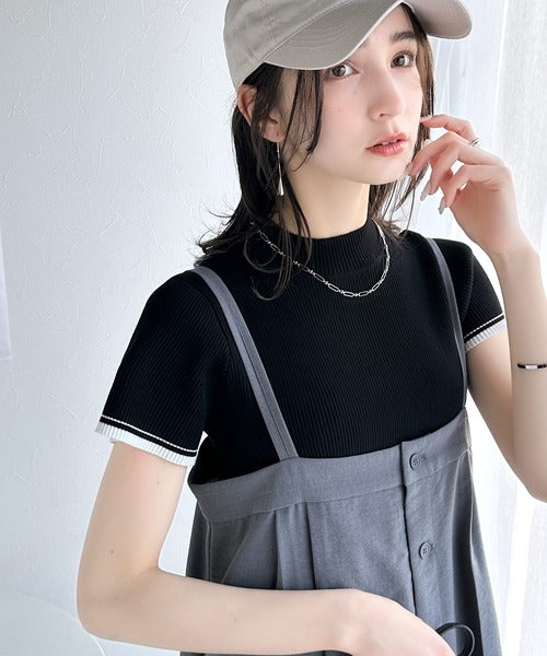 大人の洗練トップス。配色フレンチスリーブボトルネックリブニット ce1020232