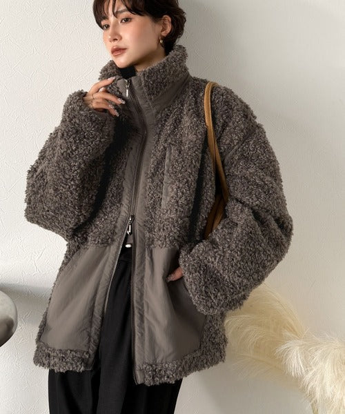 《JaVaジャバコラボ》ぬくぬく愛らしい◎プードルボア×ナイロン異素材切替フライトジャケット jv1265031