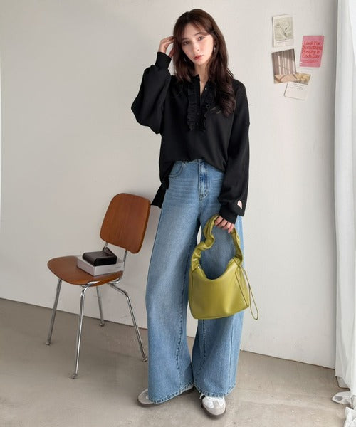 《JaVaジャバコラボ》ラフなのに、ほんのり甘い。ワッフルフリルヘンリーネックトップス（オーバーサイズ） jv1020409