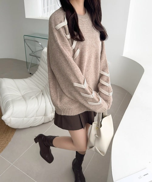 【mily bilet】リボンで魅せる大人ガーリー。リボンデザインミックスニットプルオーバー mi1029144