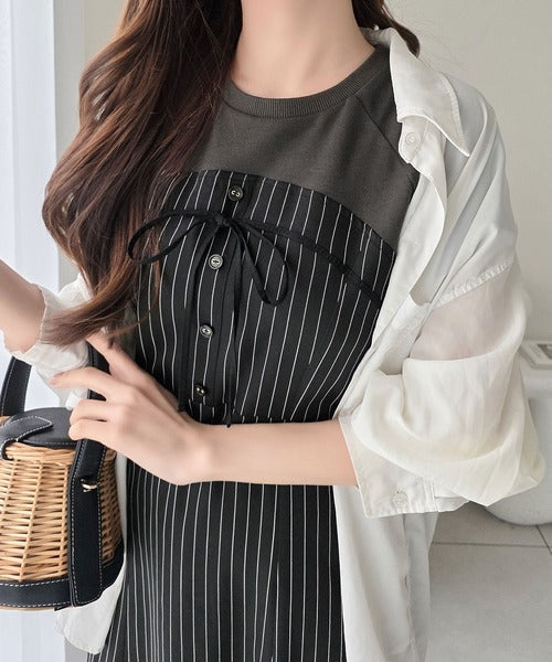 【mily bilet】こなれ感抜群の最旬レイヤード。Tシャツレイヤード風 ストライプドッキング フレアワンピース (ロング丈) mi1019129