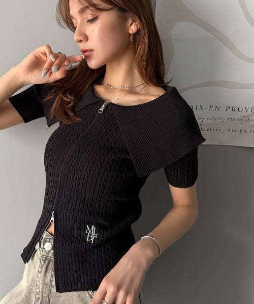 【mily bilet】抜け感レディースタイル。ロゴ刺繍オフショル２WAYダブルジップケーブル柄サマーニット（半袖） mi1029121