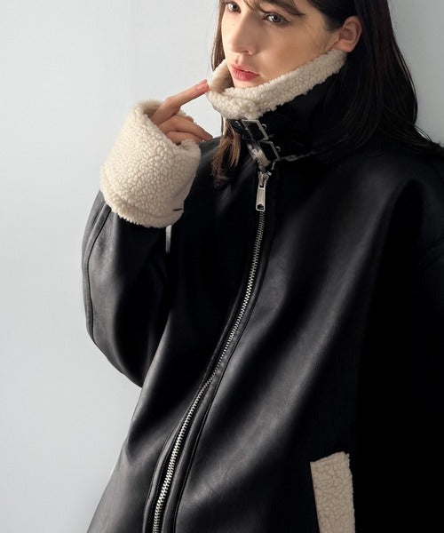 【Classical Origin】「ずっしりかっこいい。」2way襟ボア切り替えフェイクレザージャケット／2way Boa Collar Faux Leather Jacket co1150081
