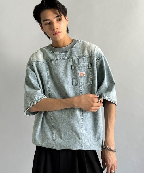 《JaVaジャバコラボ》綿100％ヴィンテージ加工アウターデニムTシャツ jo1010007