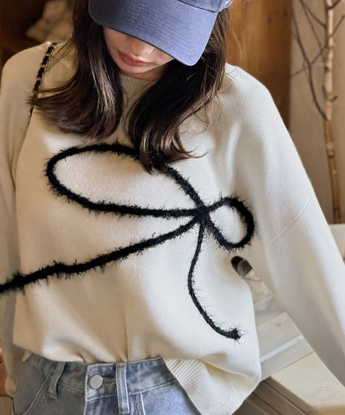 【mily bilet】ゆるっと可愛げ、ふわっと存在感。リボンフェザーコード刺繍ニット（長袖） mi1029130