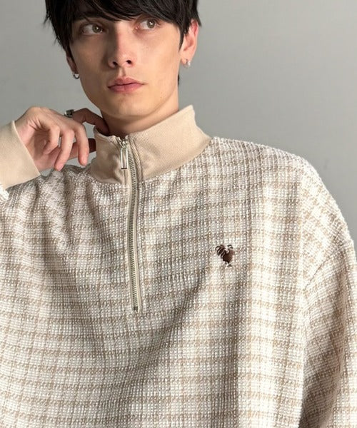 【Classical Origin】「上品カジュアル」。裾ドロスト付きツイード素材ハーフジッププルオーバー（長袖）/Tweed Fabric Drawcord Half-Zip Pullover co1010032